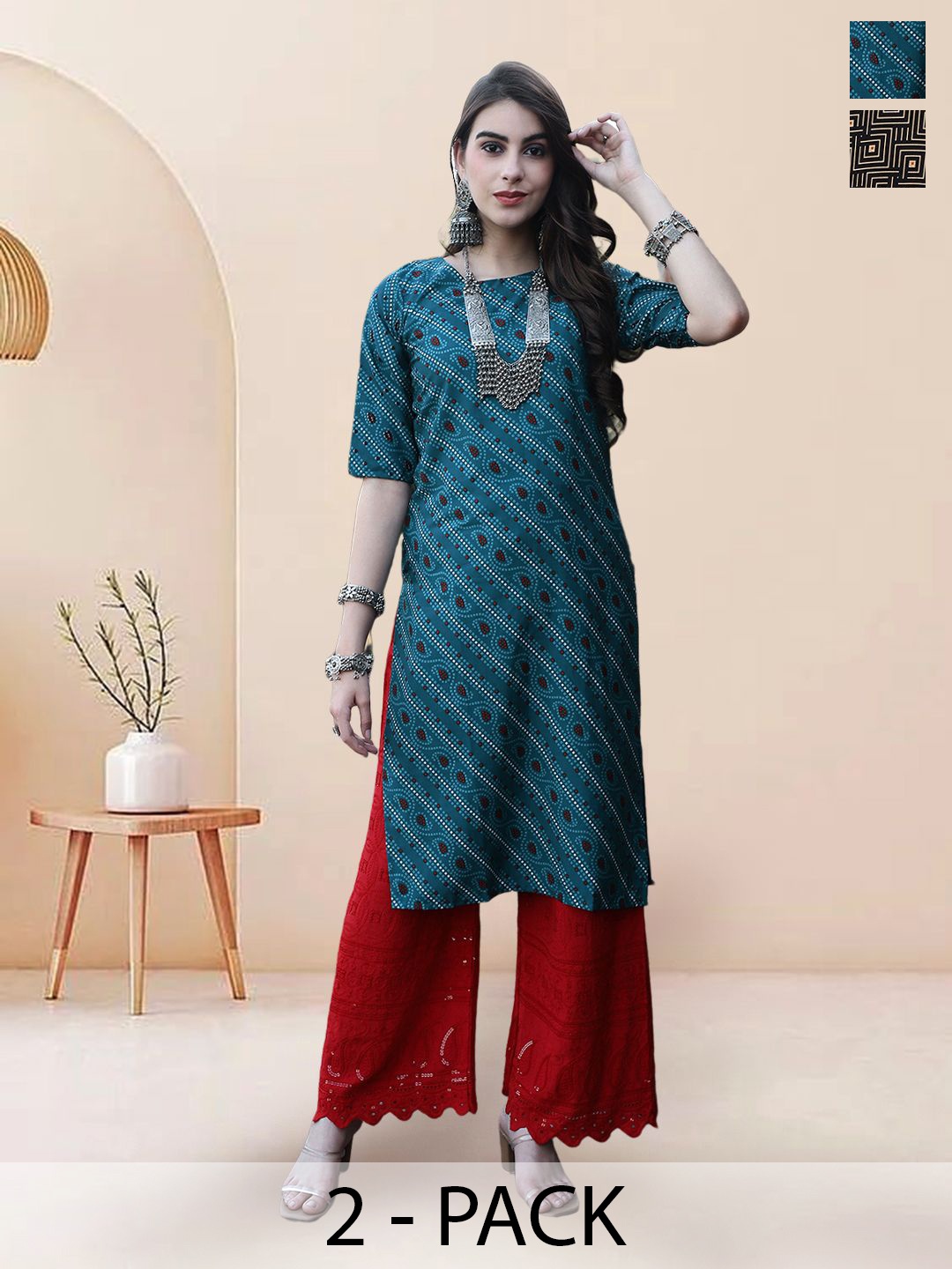 

7Threads Selection Of 2 Ethnic Motifs Printed Round Neck Kurtas, Blue