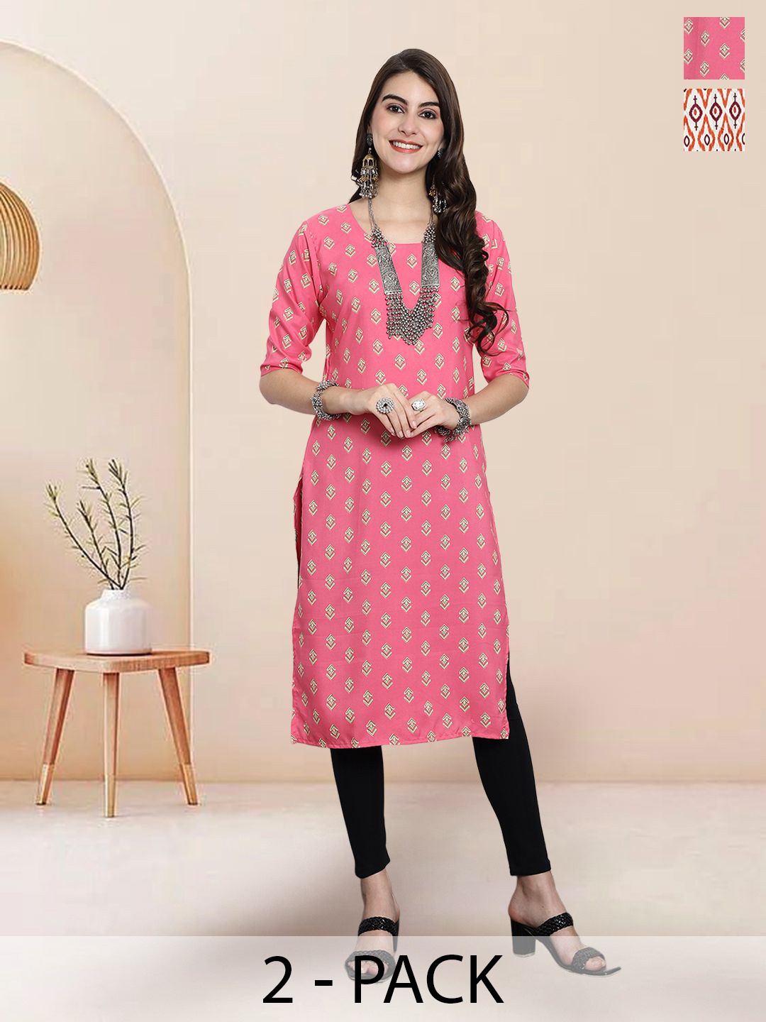 

7Threads Selection Of 2 Ethnic Motifs Printed Round Neck Straight Kurtas, Pink