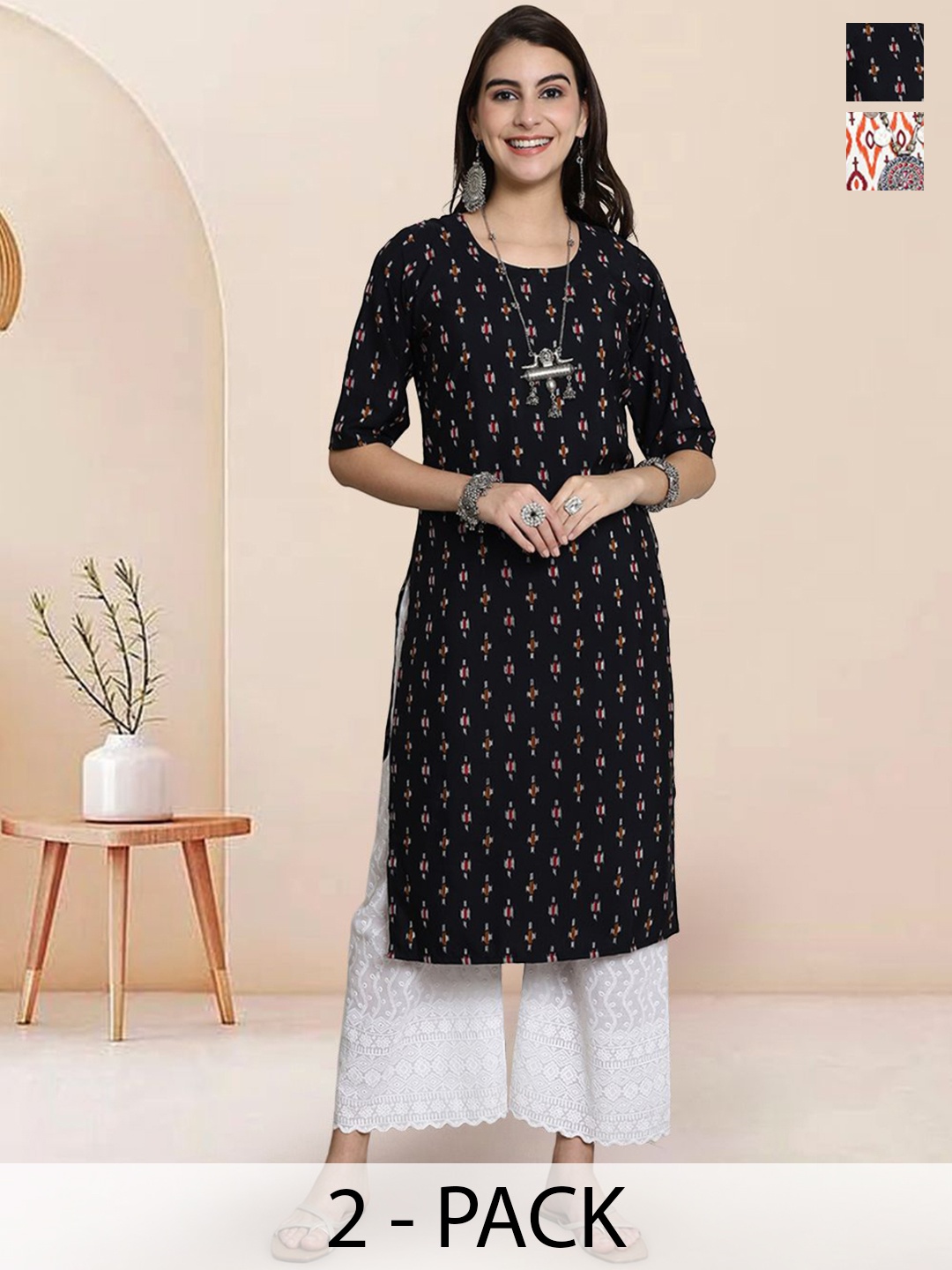 

7Threads Selection Of 2 Ethnic Motifs Printed Round Neck Straight Kurtas, Black