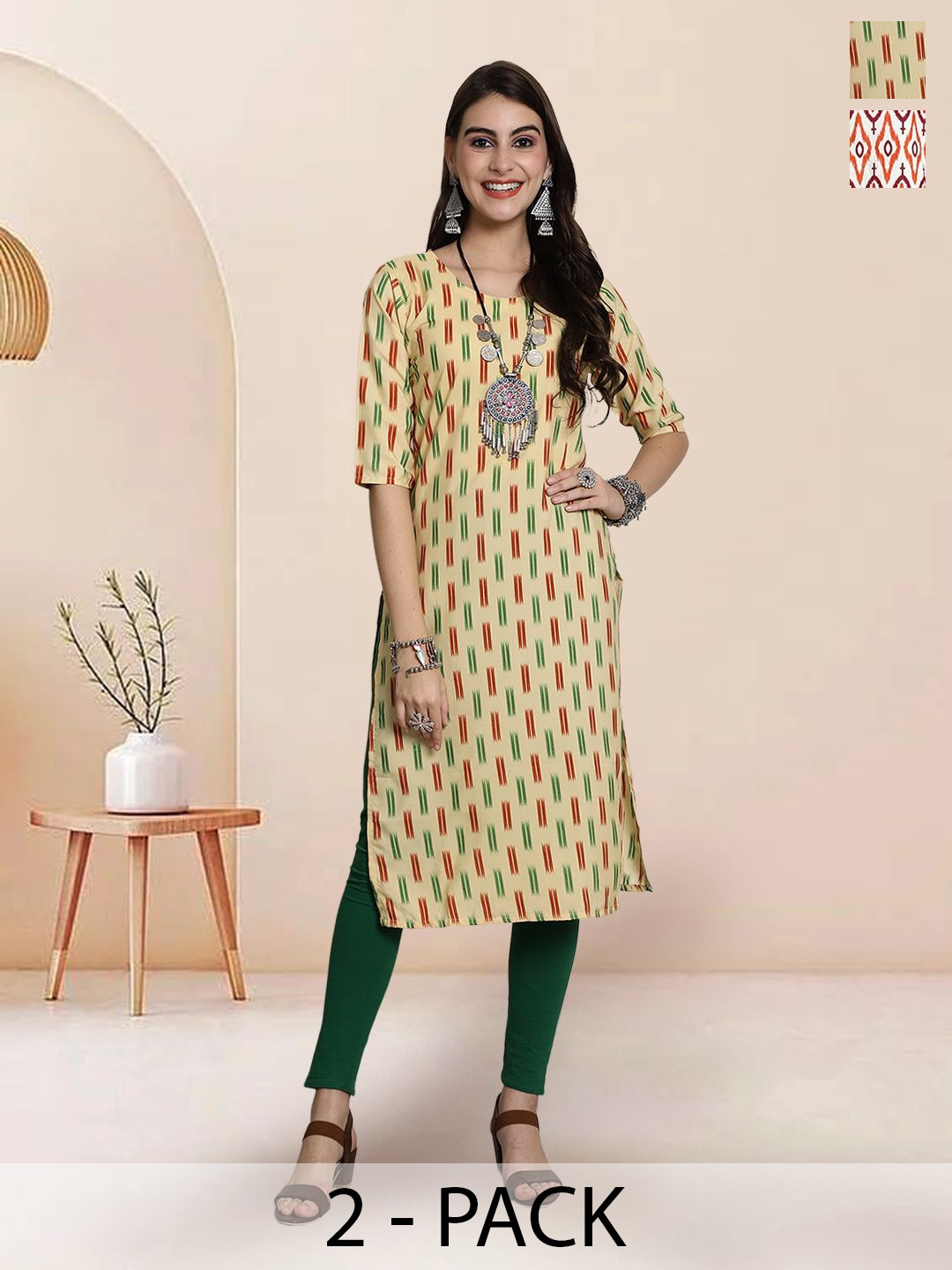 

7Threads Selection Of 2 Geometric Printed Round Neck Straight Kurtas, Cream