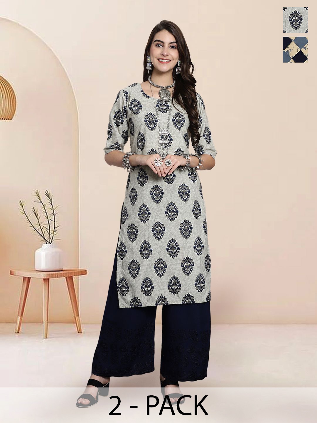 

7Threads Selection Of 2 Ethnic Motifs Printed Straight Kurtas, Grey