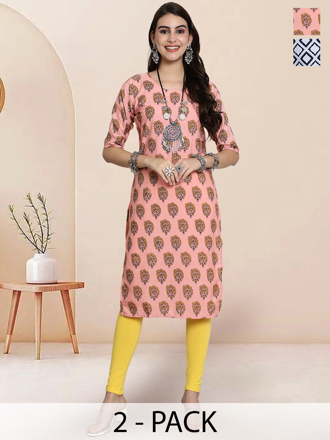 

7Threads Selection Of 2 Ethnic Motifs Printed Round Neck Kurtas, Peach