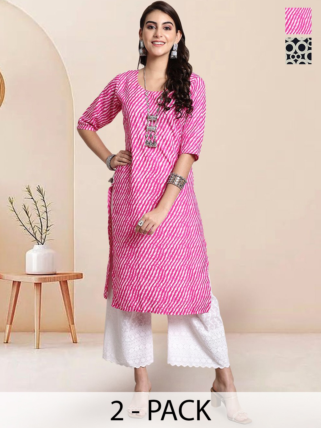 

7Threads Selection Of 2 Striped Round Neck Straight Kurtas, Pink