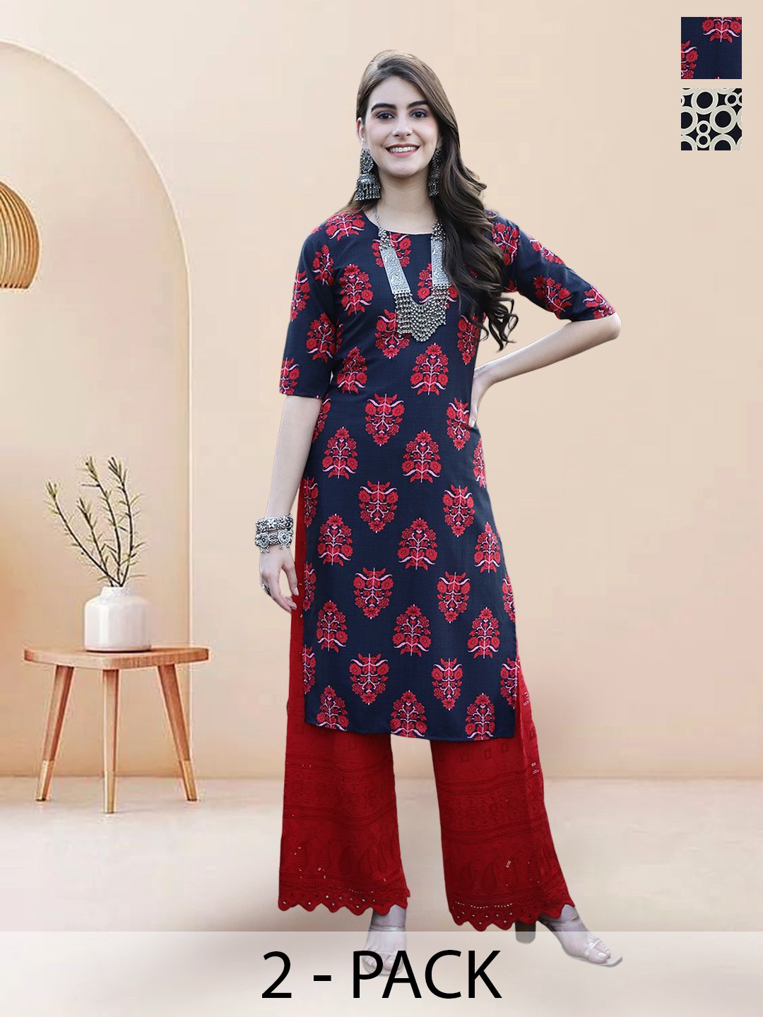 

7Threads Selection of 2 Floral Printed Round Neck Straight Kurtas, Navy blue