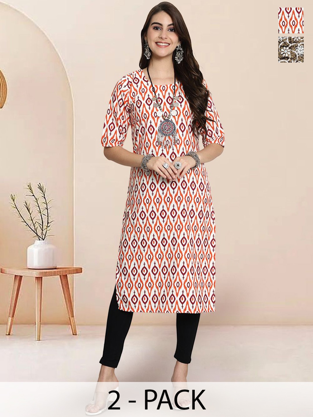 

7Threads Selection Of 2 Ethnic Motifs Printed Round Neck Straight Kurtas, Off white