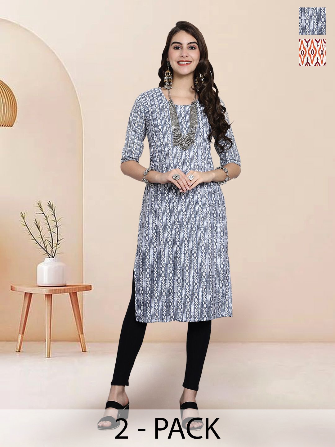 

7Threads Selection Of 2 Geometric Printed Straight Kurtas, Grey