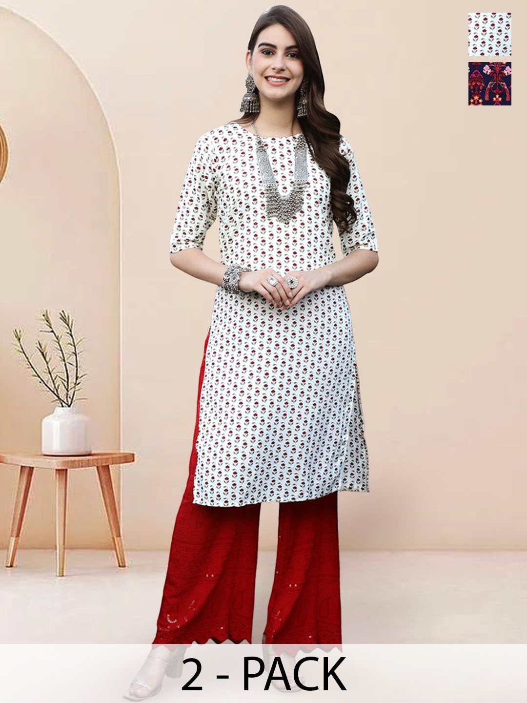 

7Threads Selection Of 2 Floral Printed Round Neck Straight Kurtas, White