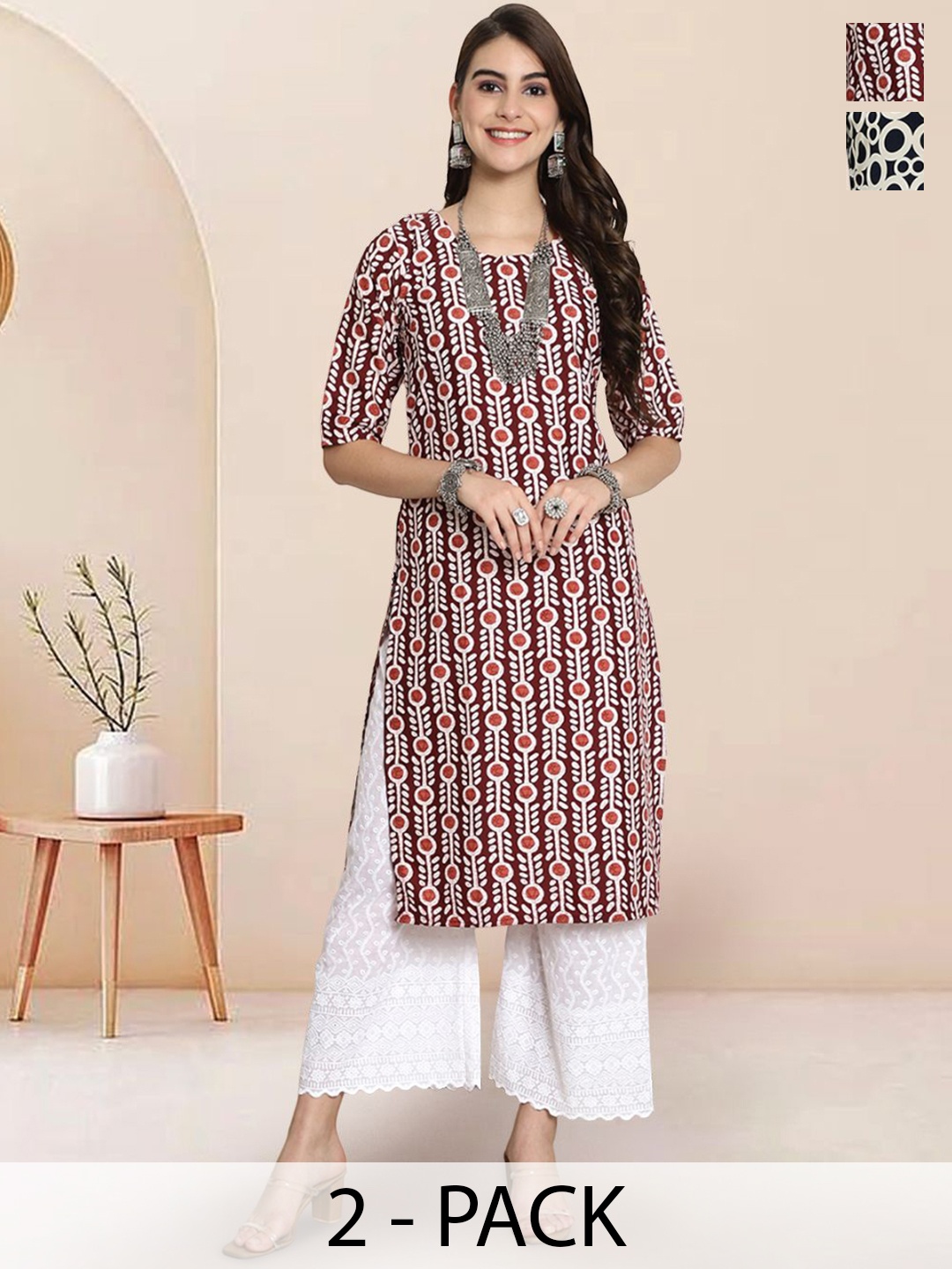 

7Threads Selection of 2 Floral Printed Round Neck Straight Kurtas, Maroon