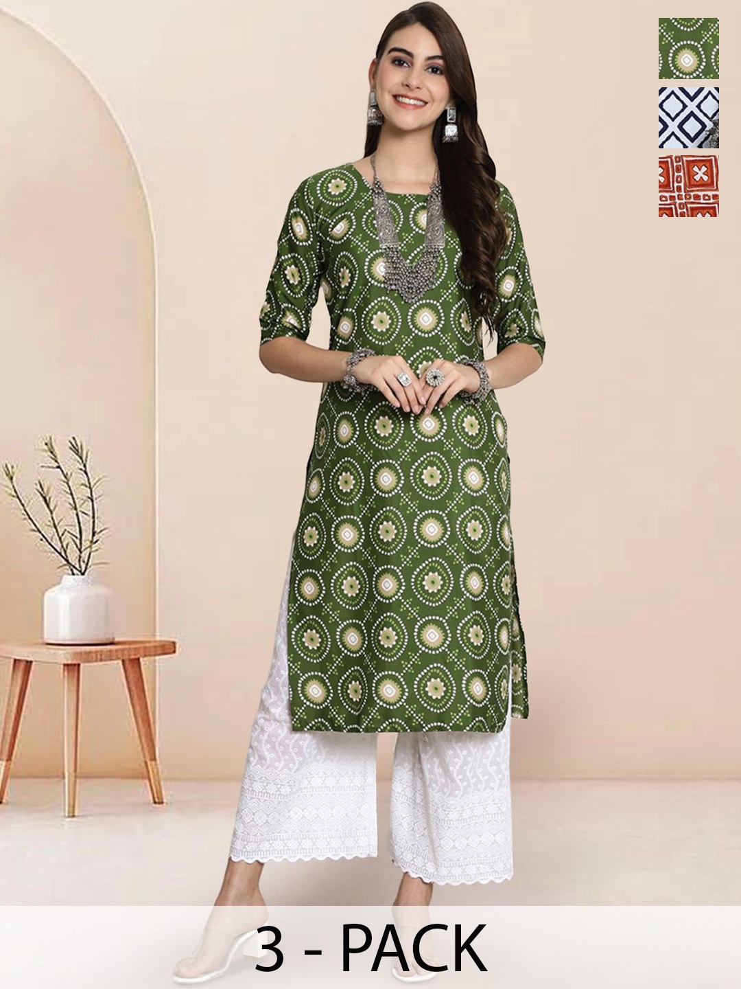 

7Threads Selection Of 3 Ethnic Printed Straight Kurtas, Green