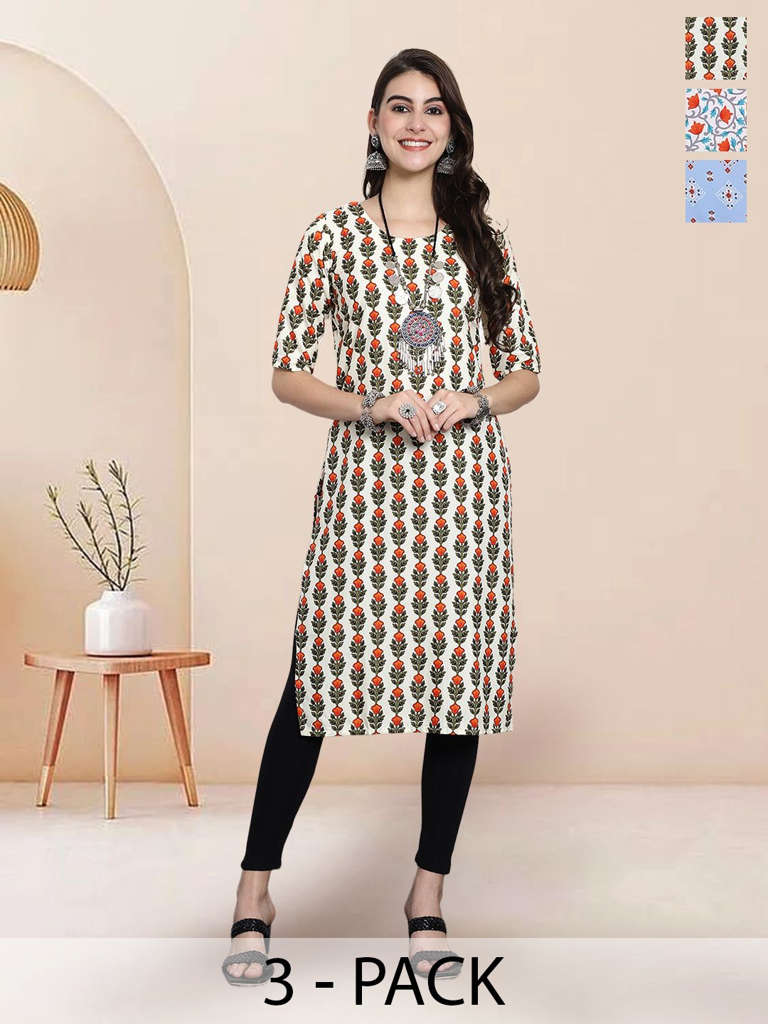 

7Threads Selection of 3 Floral Printed Round Neck Straight Kurtas, Off white