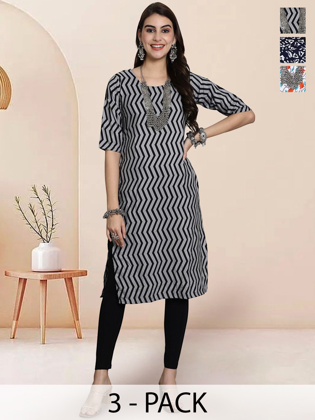 

7Threads Selection of 3 Striped Printed Round Neck Straight Kurtas, Black