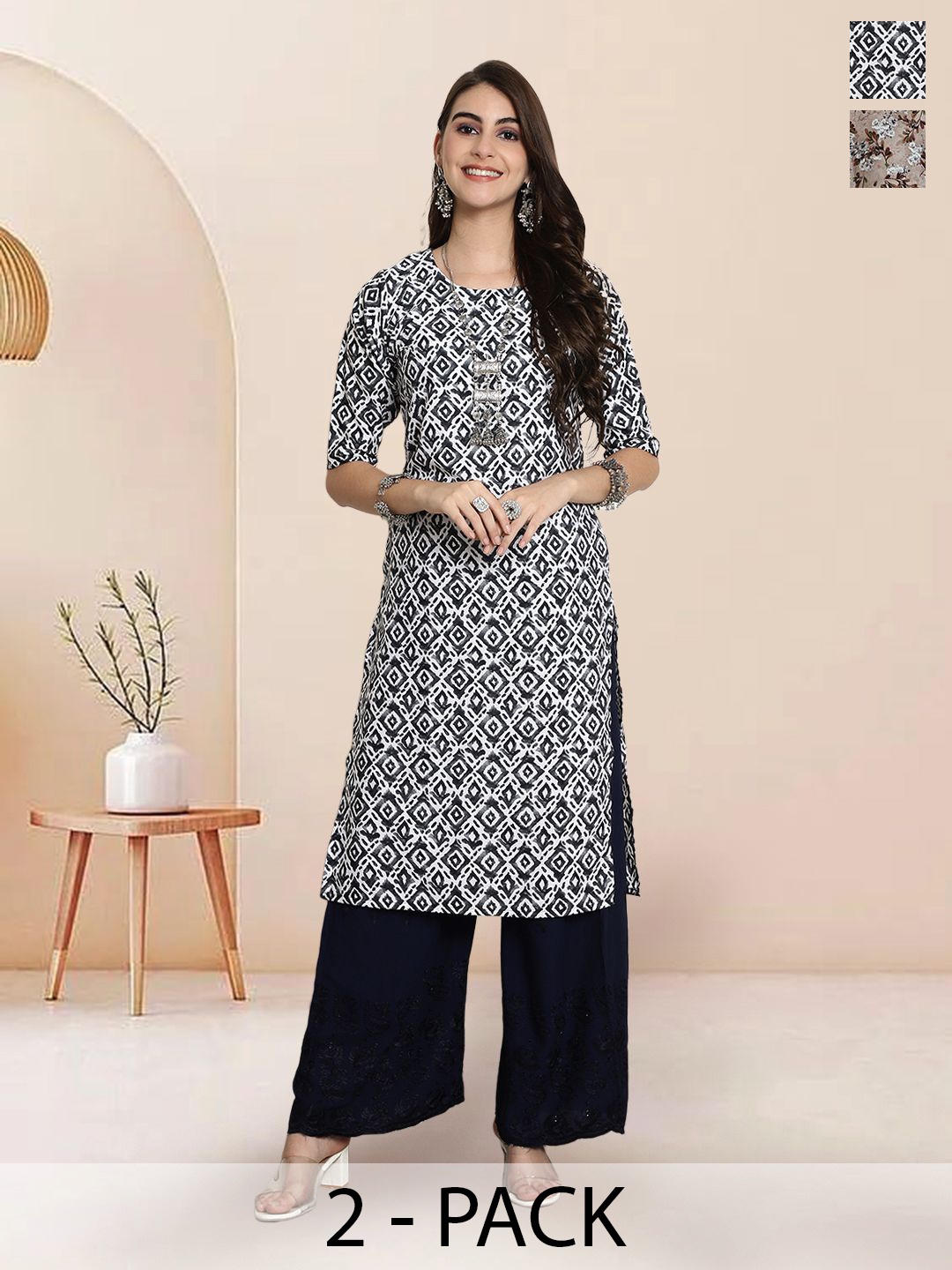 

7Threads Selection Of 2 Ethnic Motifs Printed Round Neck Straight Kurtas, Navy blue