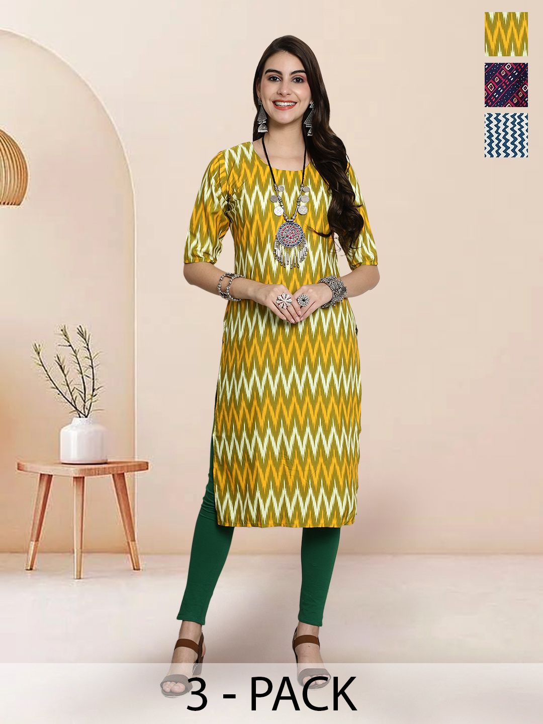 

7Threads Selection Of 3 Chevron Printed Round Neck Kurtas, Yellow