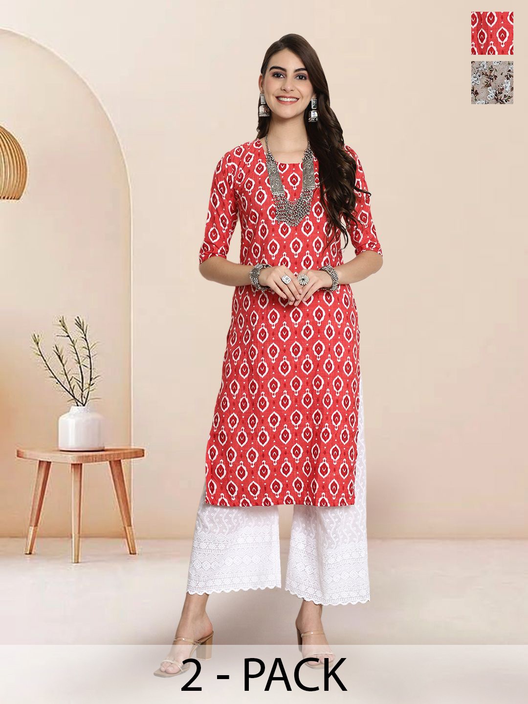 

7Threads Selection of 2 Ethnic Motif Printed Round Neck Straight Kurtas, Red