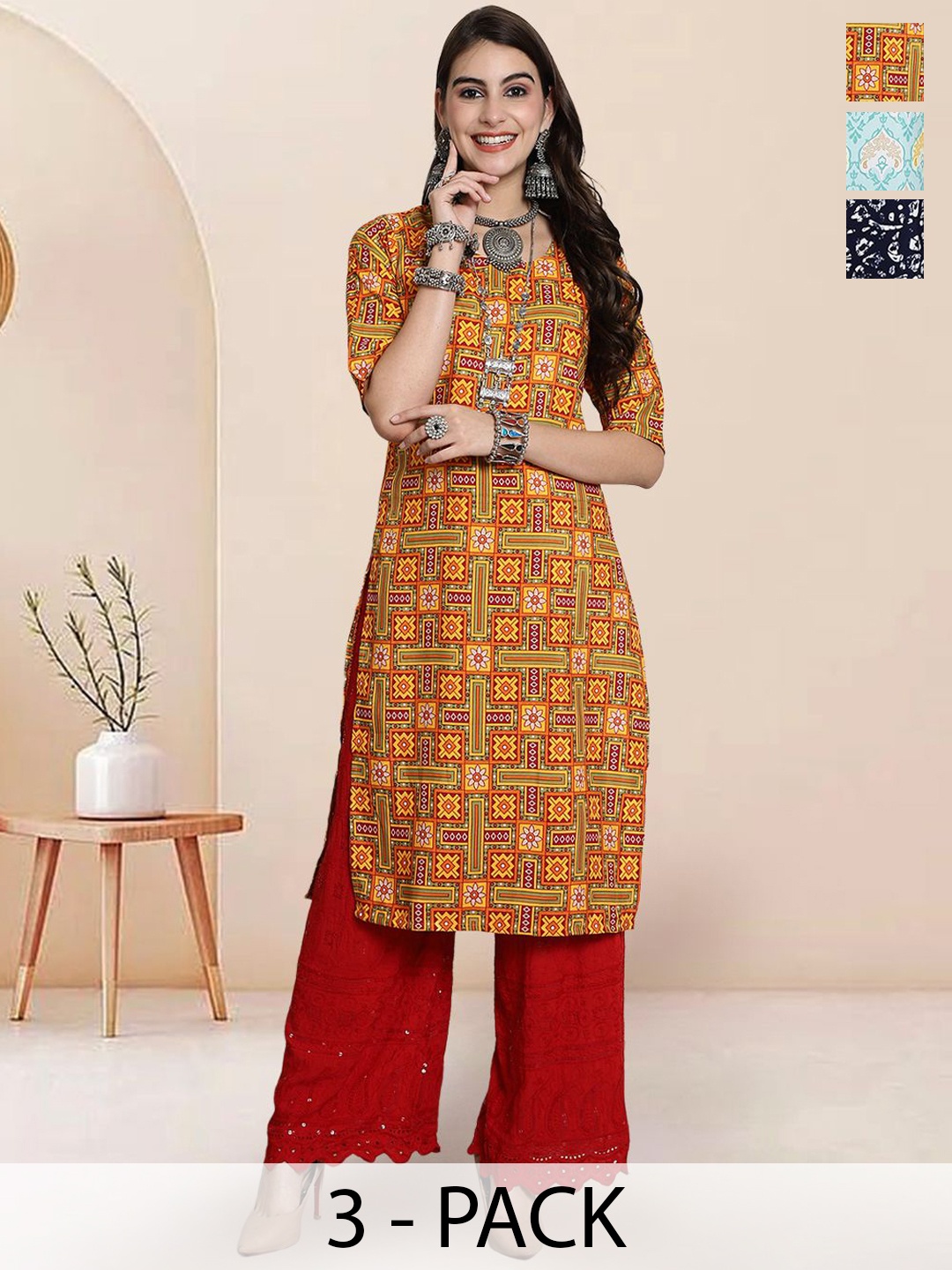 

7Threads Selection Of 3 Geometric Printed Round Neck Straight Kurtas, Red