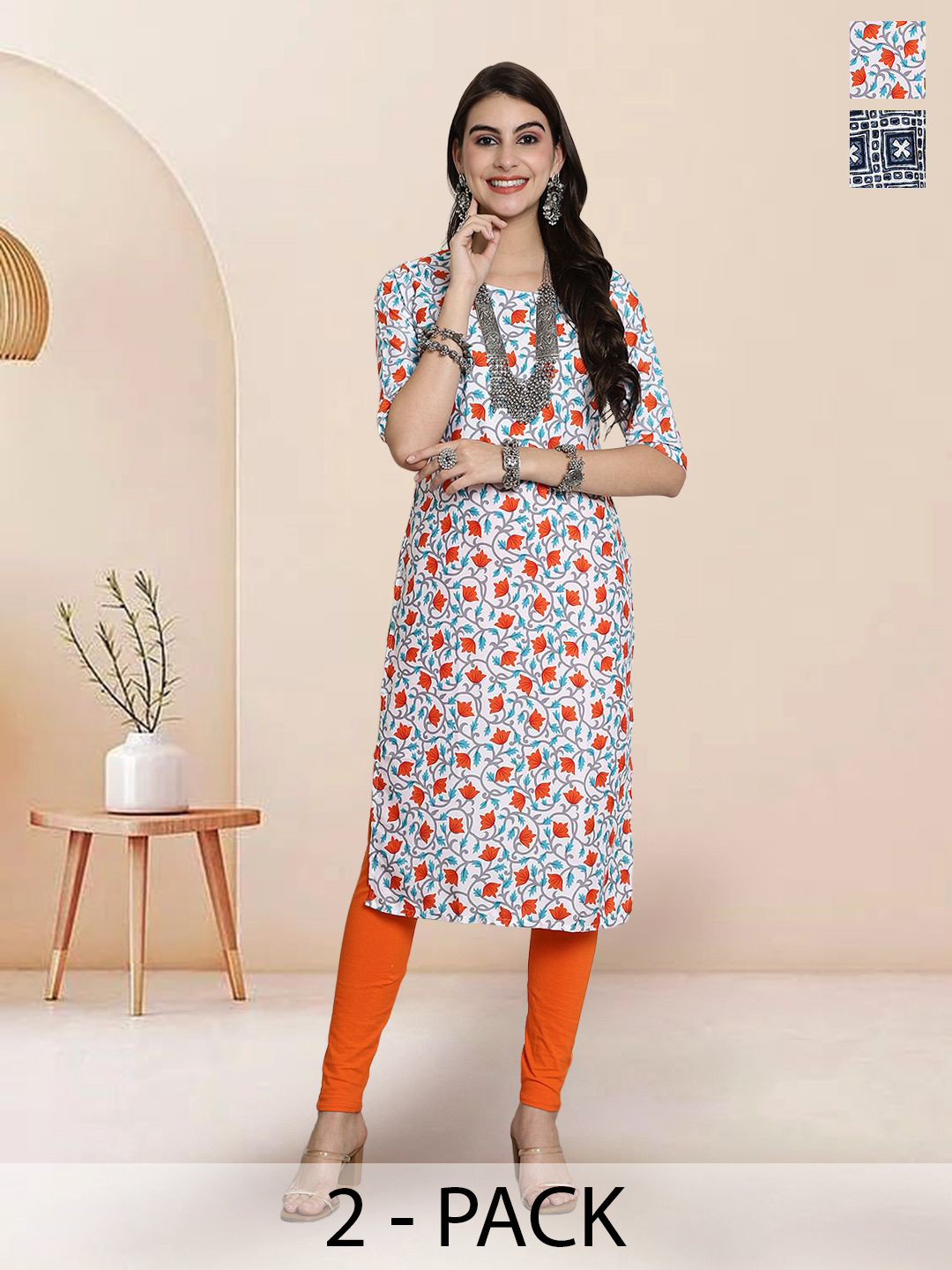 

7Threads Selection Of 2 Floral Printed Round Neck Straight Kurtas, White