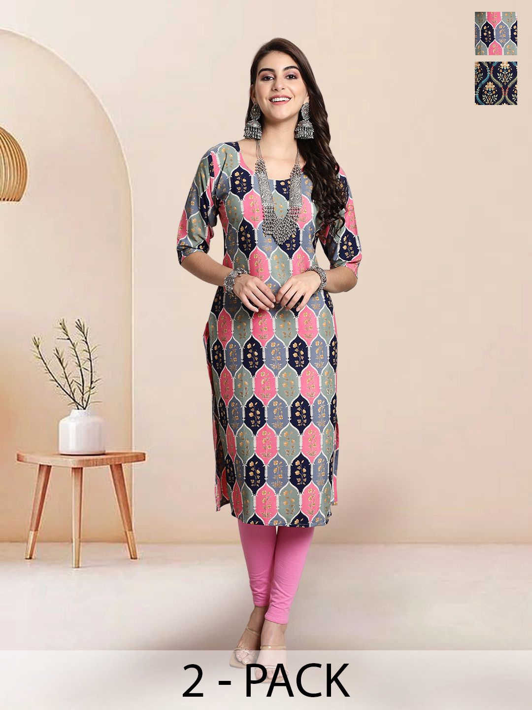 

7Threads Selection Of 2 Ethnic Motifs Printed Round Neck Straight Kurtas, Pink