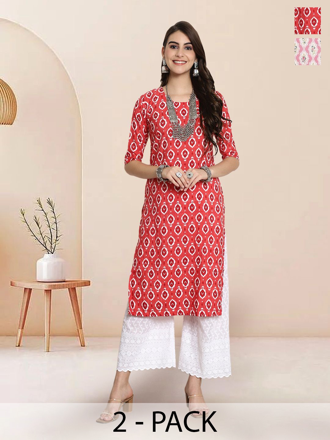 

7Threads Selection Of 2 Geometric Printed Round Neck Straight Kurtas, Red