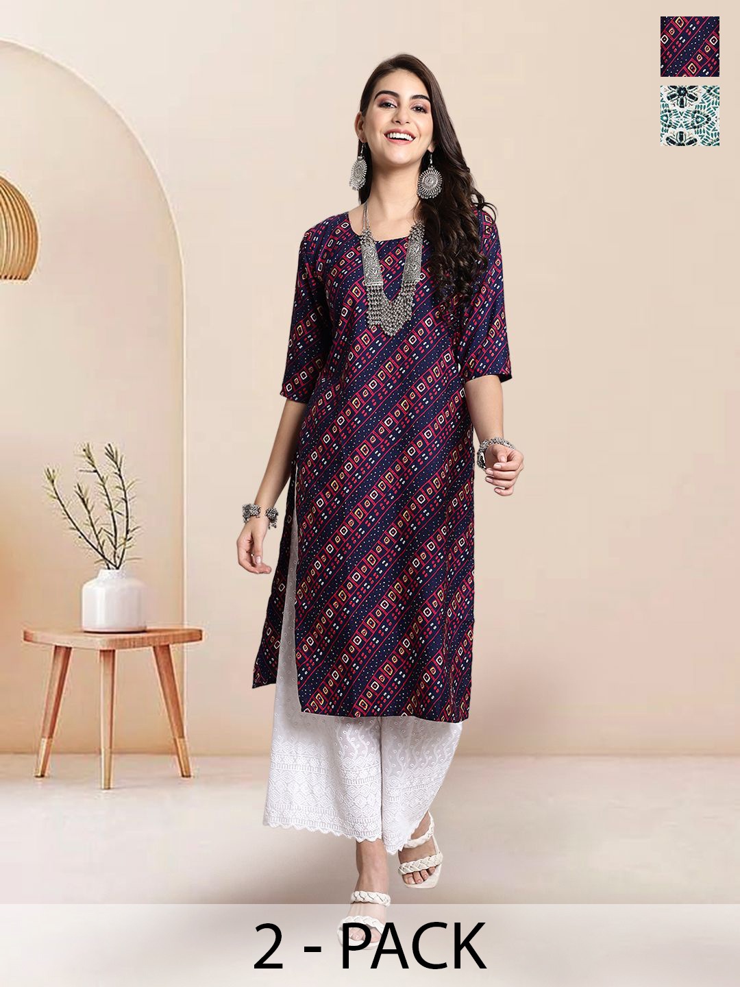 

7Threads Selection of 2 Ethnic Motifs Printed Round Neck Straight Kurtas, Blue