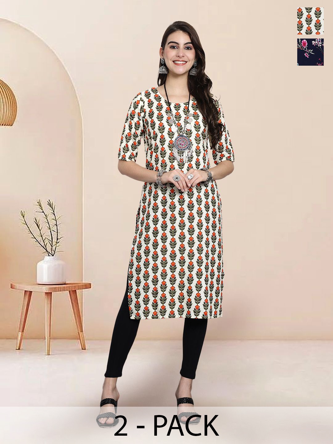 

7Threads Selection Of 2 Floral Printed Straight Kurtas, Cream