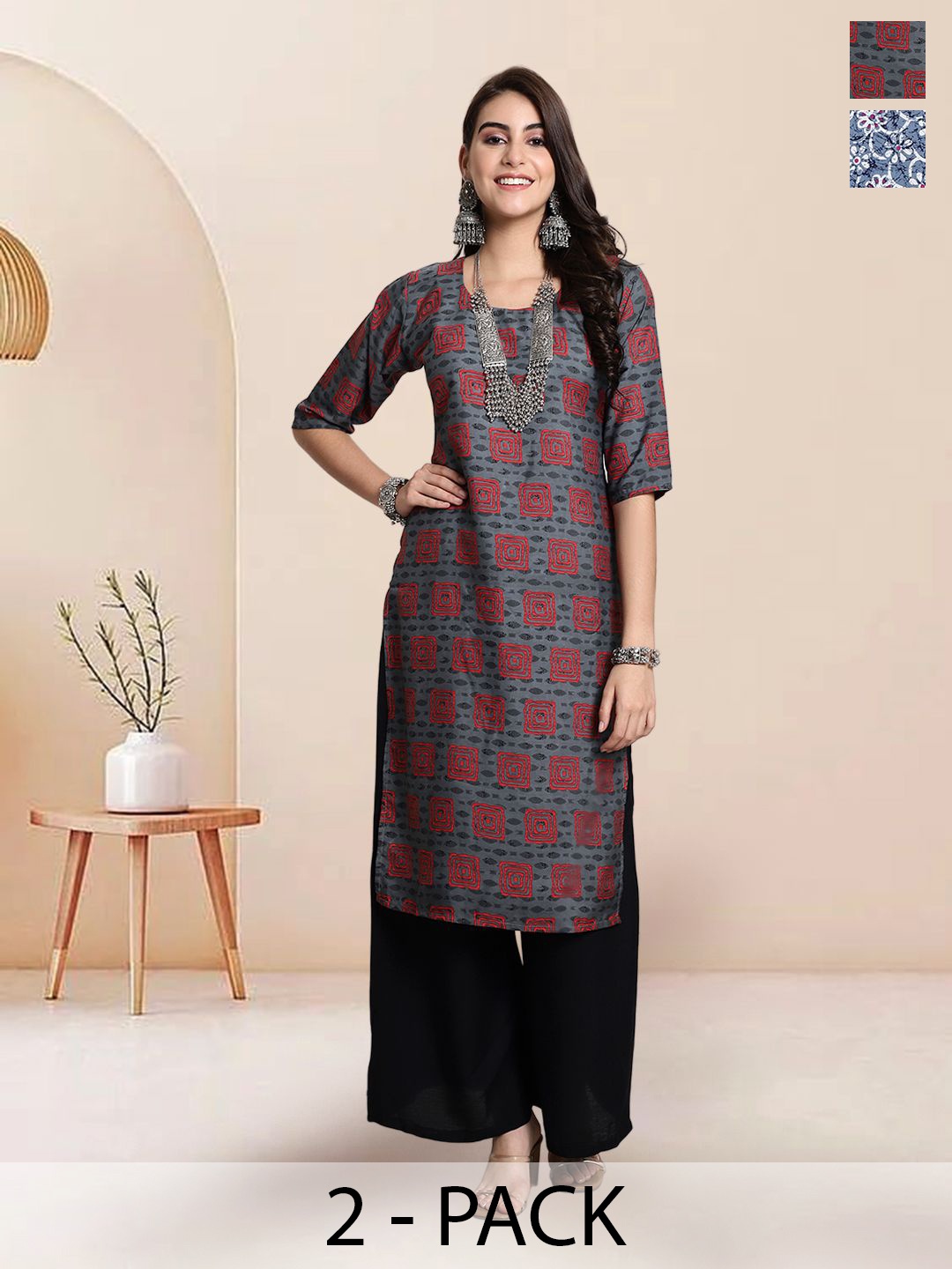 

7Threads Selection Of 2 Geometric Printed Round Neck Straight Kurtas, Grey