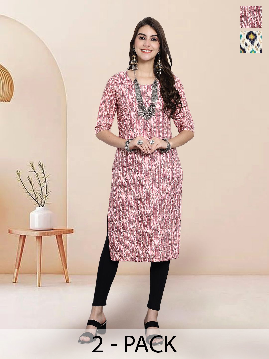 

7Threads Selection Of 2 Geometric Printed Round Neck Straight Kurtas, Pink