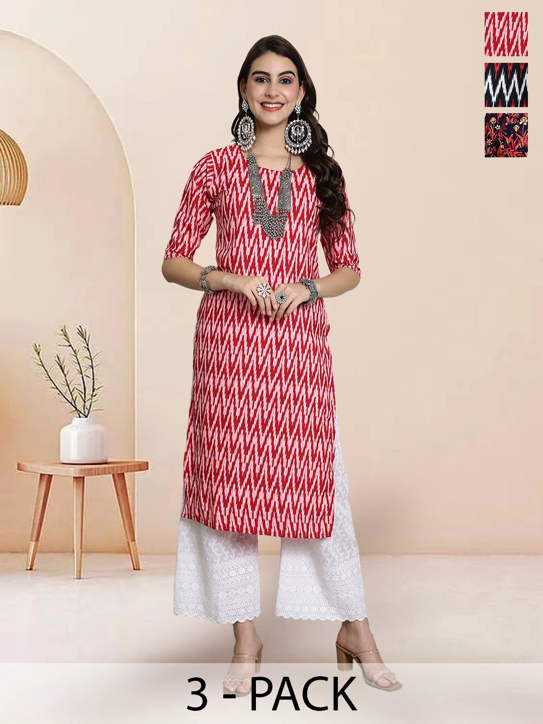 

7Threads Selection Of 3 Chevron Printed Round Neck Straight Kurtas, Red