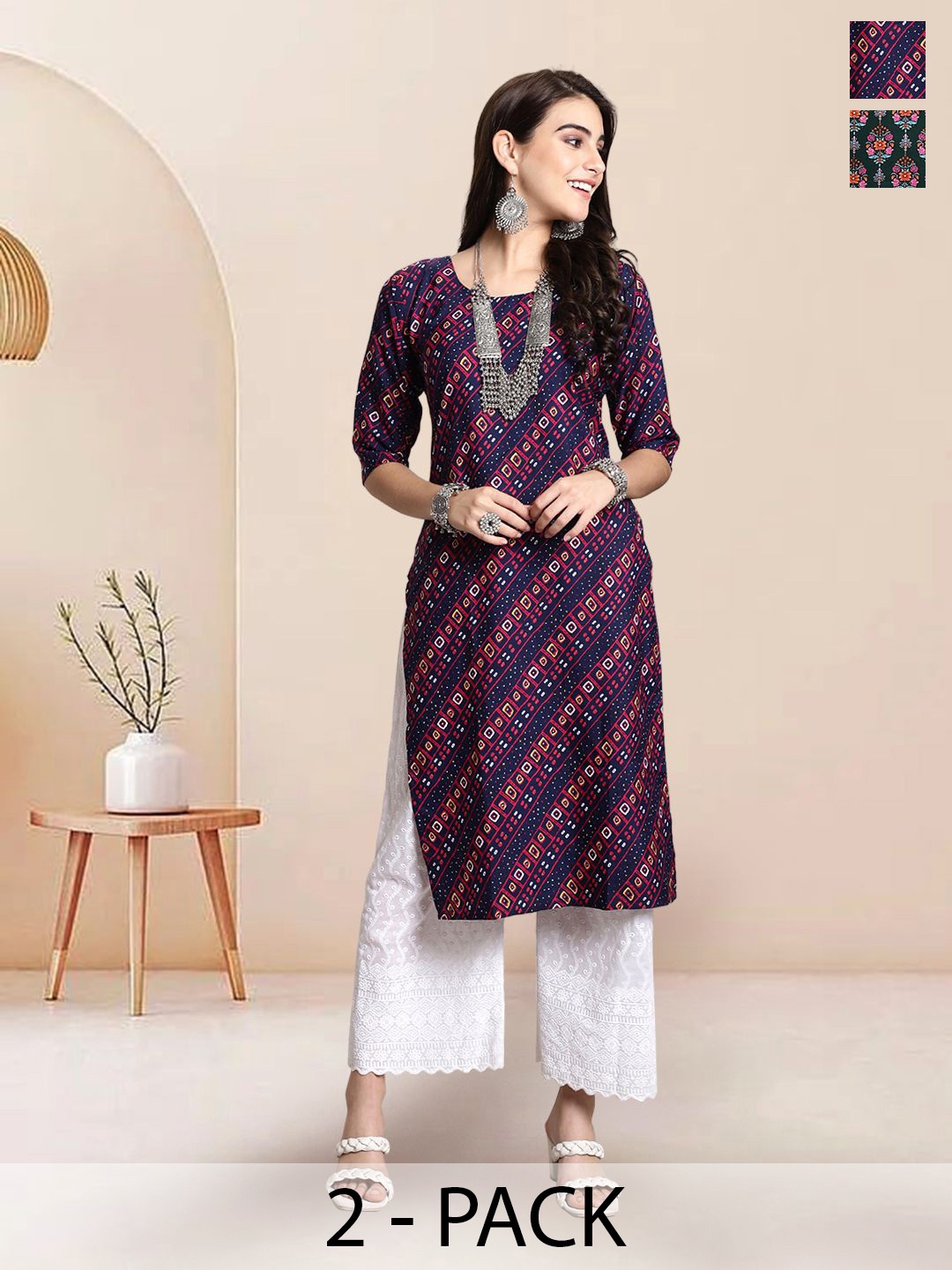 

7Threads Selection Of 3 Ethnic Motifs Printed Round Neck Straight Kurtas, Multi