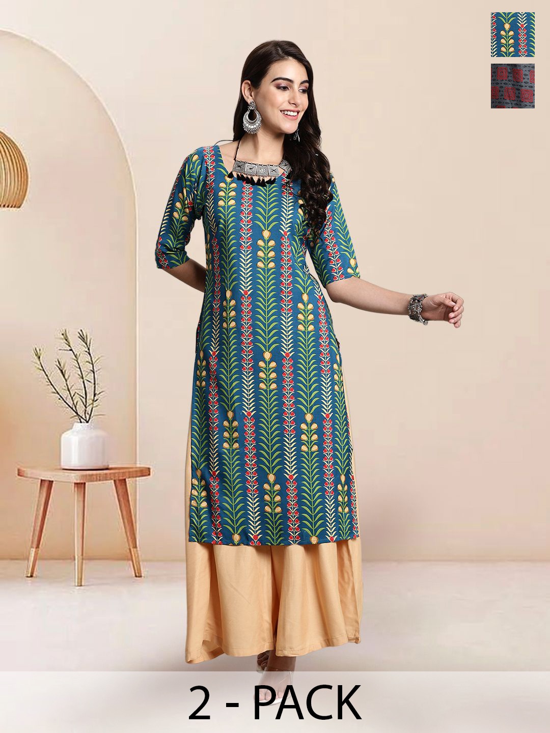 

7Threads Selection Of 2 Floral Printed Round Neck Straight Kurtas, Green