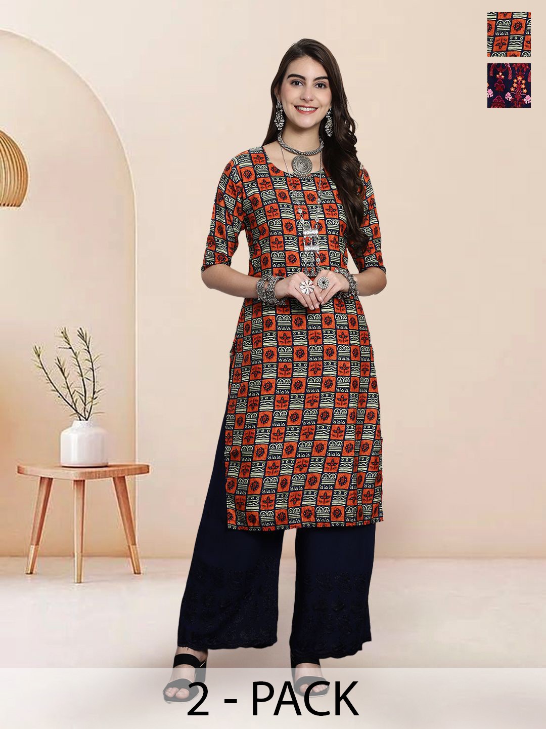 

7Threads Selection Of 2 Ethnic Motifs Printed Round Neck Kurtas, Black