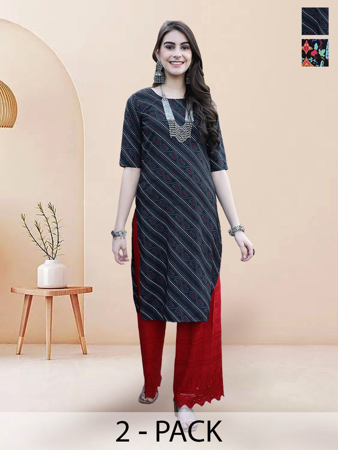 

7Threads Selection Of 2 Paisley Printed Round Neck Kurtas, Blue
