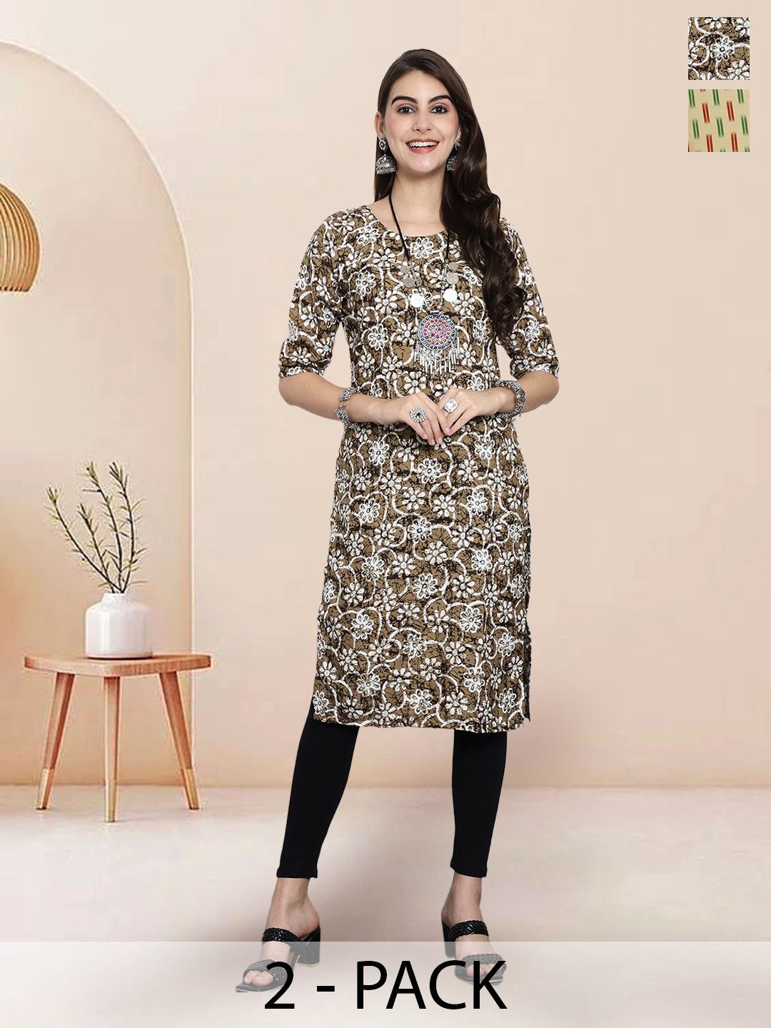 

7Threads Selection of 2 Floral Printed Round Neck Straight Kurtas, Brown
