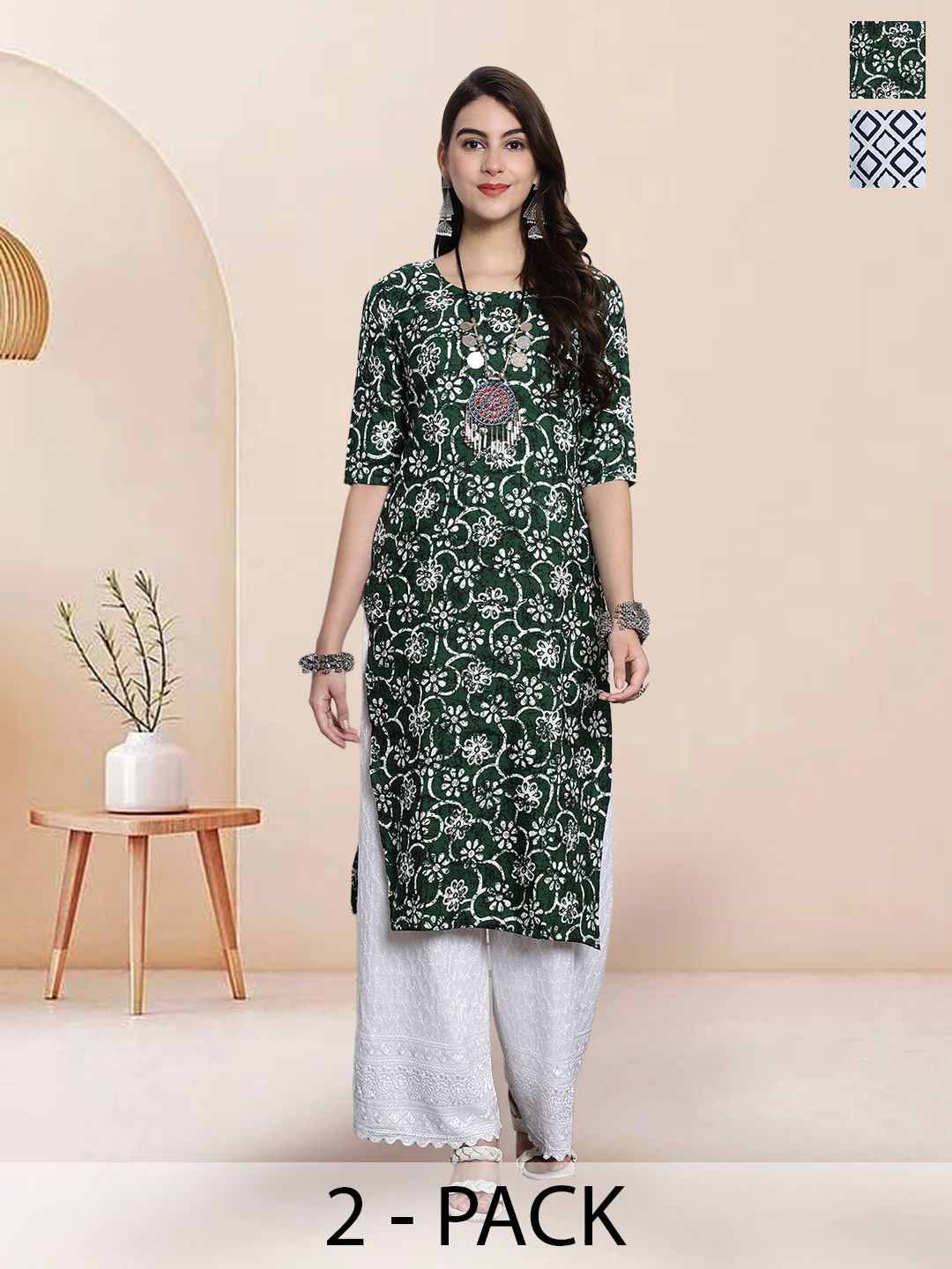 

7Threads Selection Of 2 Floral Printed Round Neck Straight Kurtas, Green