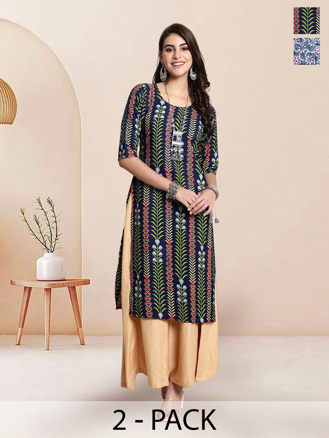 

7Threads Selection Of 2 Floral Printed Round Neck Straight Kurtas, Black