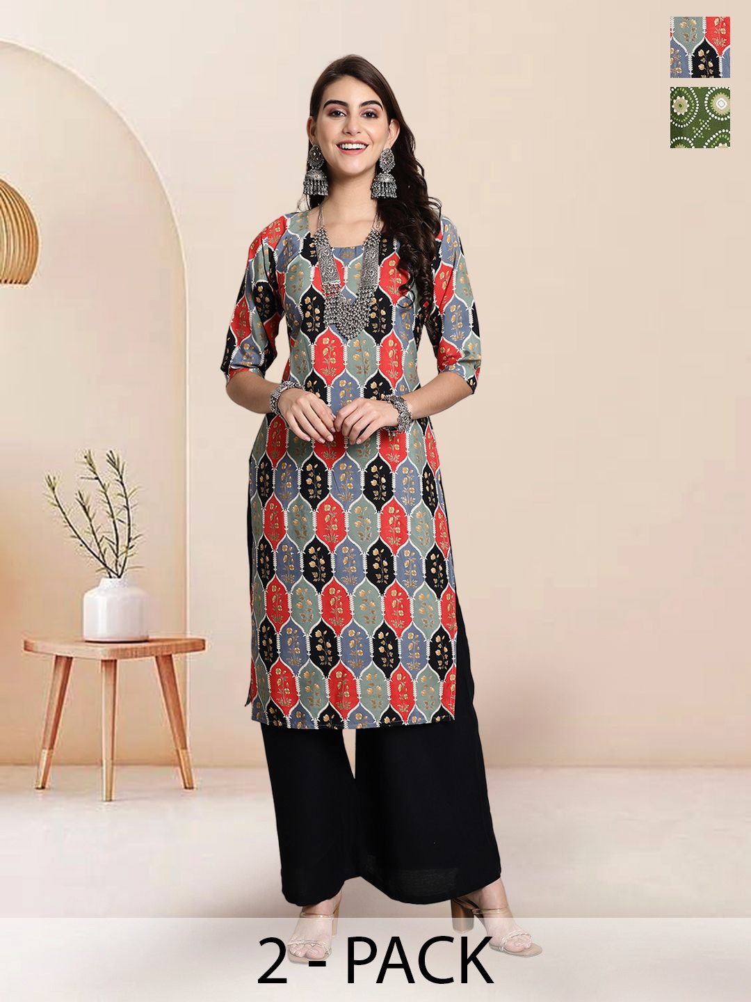 

7Threads Selection Of 2 Floral Printed Round Neck Straight Kurtas, Black