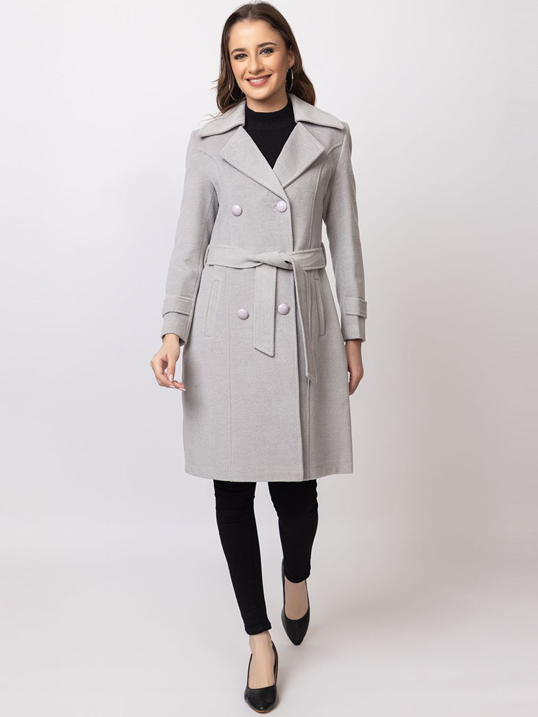 

TWENTY ME Notched Lapel Collar Double-Breasted Overcoat, Grey melange