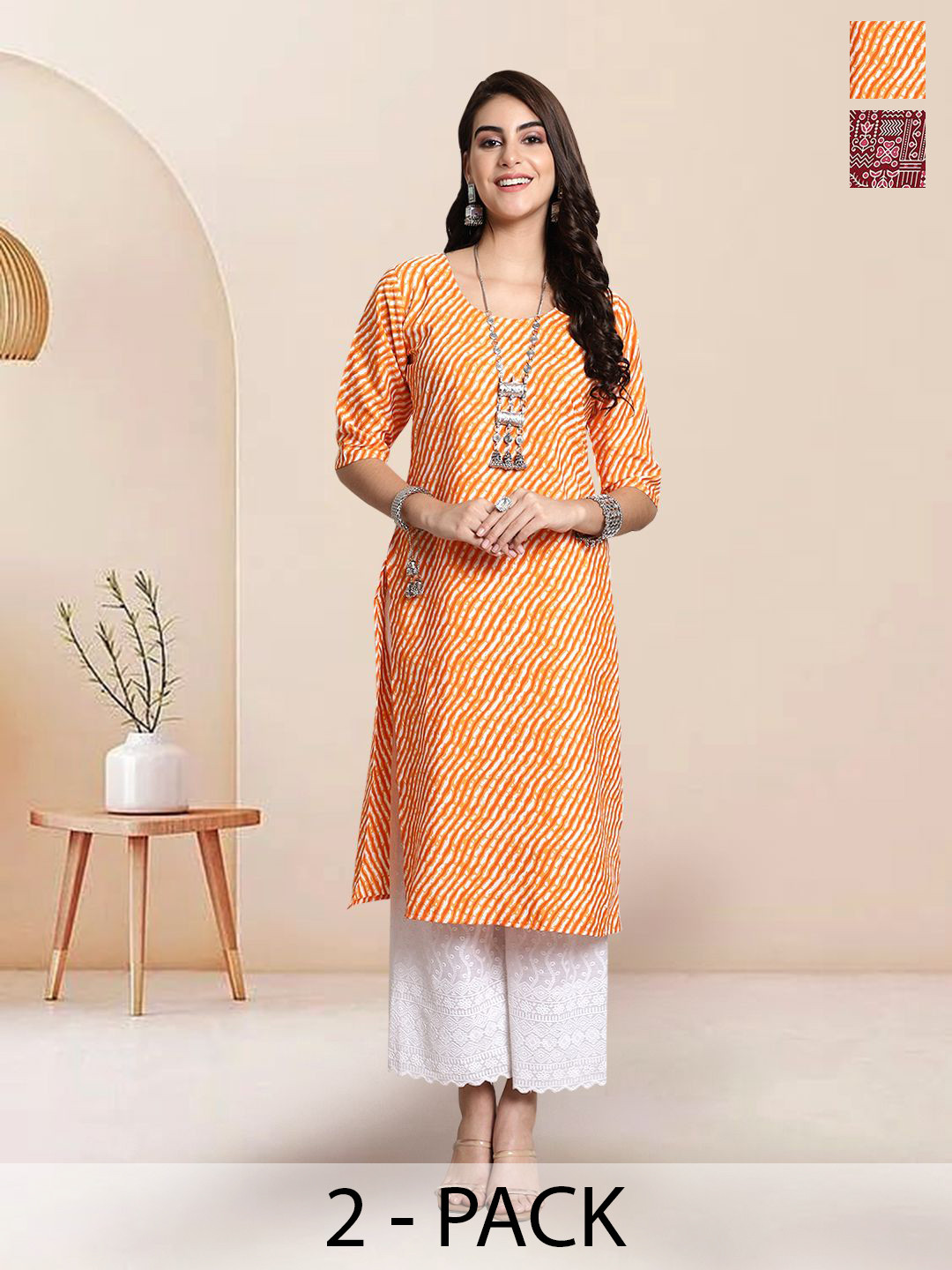 

7Threads Selection Of 2 Lehariya Printed Round Neck Straight Kurtas, Orange