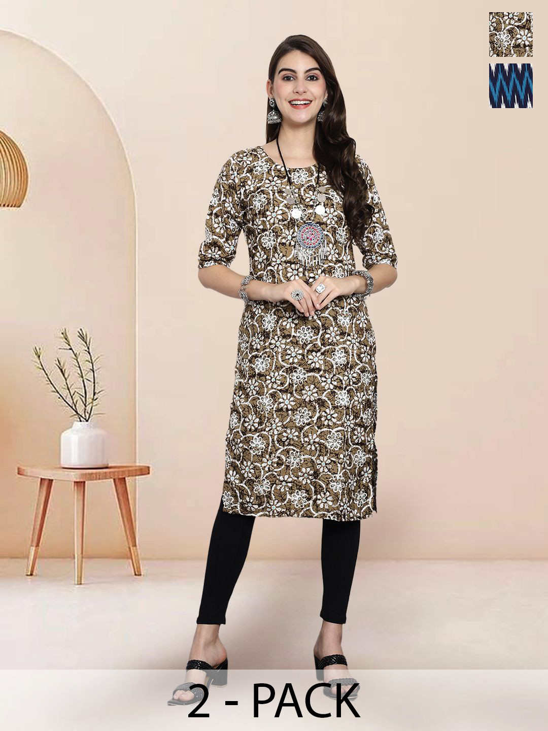 

7Threads Selection Of 2 Floral Printed Round Neck Straight Kurtas, Beige