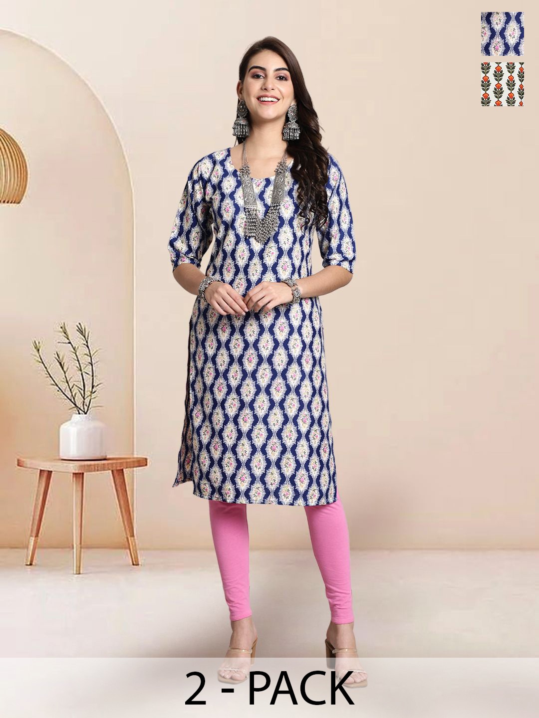 

7Threads Selection Of 2 Ethnic Motifs Printed Round Neck Straight Kurtas, Navy blue