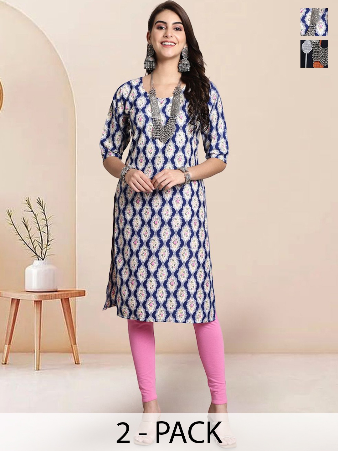 

7Threads Selection Of 2 Floral Printed Round Neck Straight Kurtas, Blue