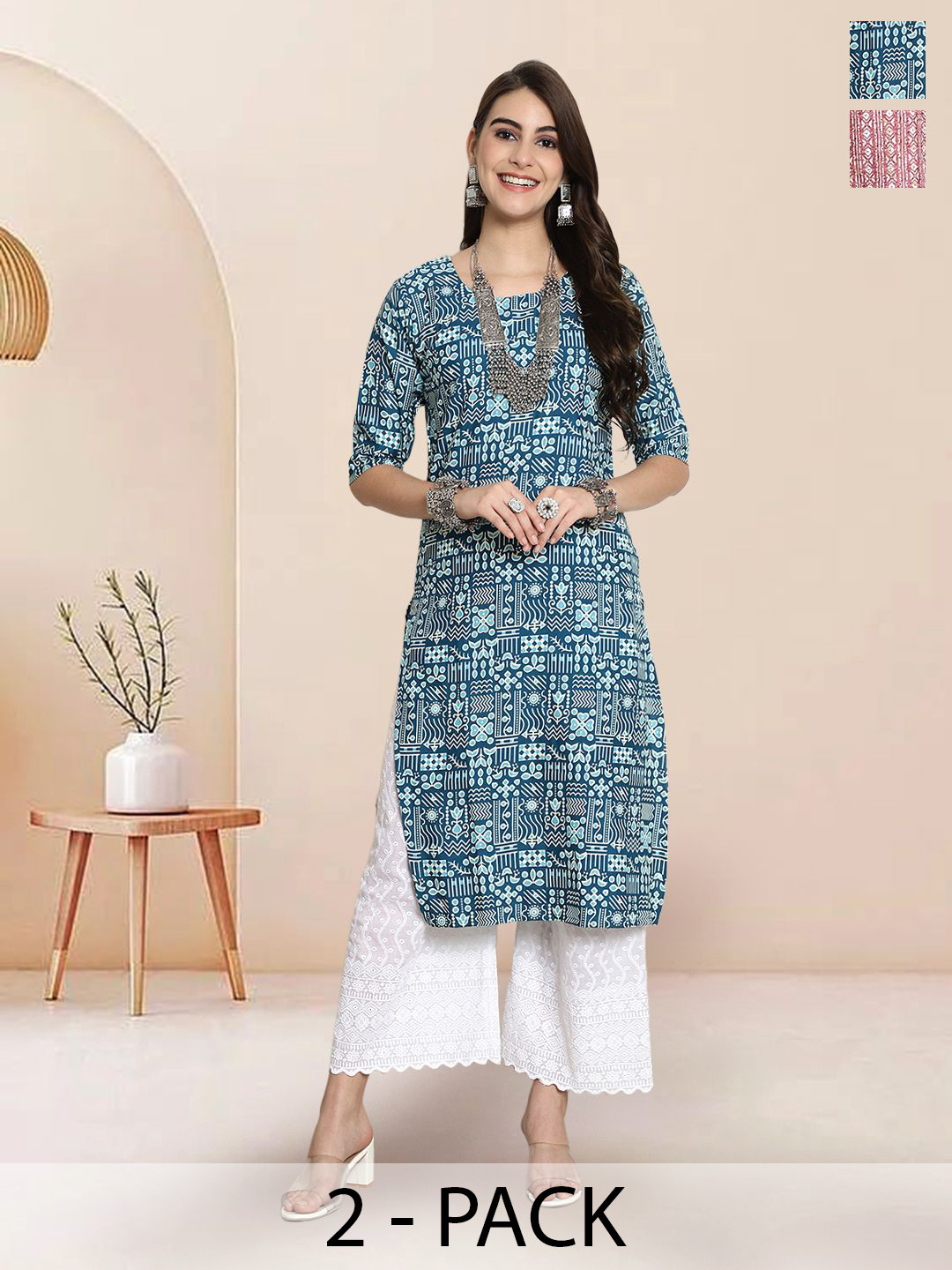 

7Threads Selection Of 2 Ethnic Motifs Printed Round Neck Straight Kurta, Blue