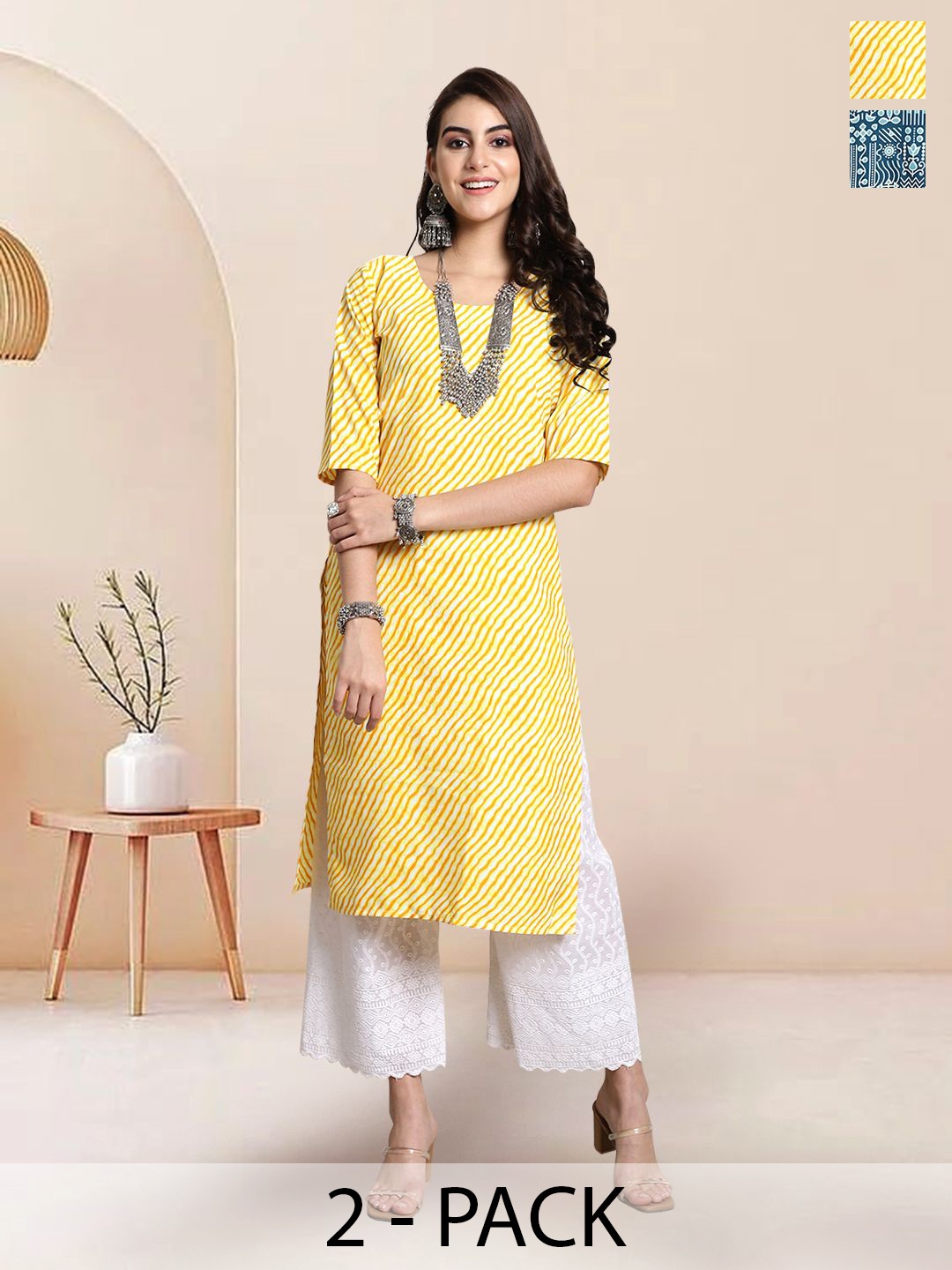 

7Threads Selection Of 2 Leheriya Printed Round Neck Straight Kurtas, Yellow