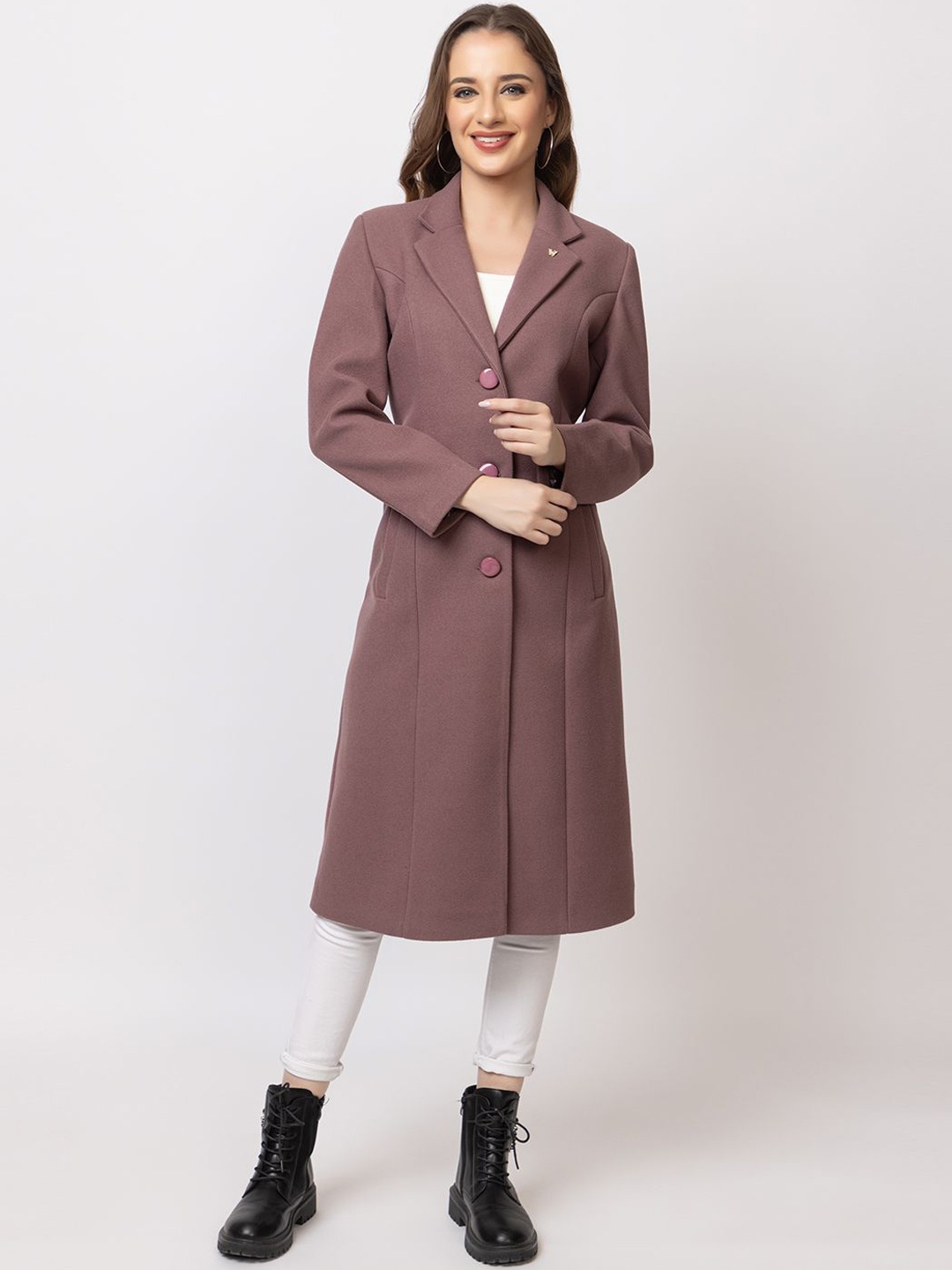 

TWENTY ME Notched Lapel Collar Single-Breasted Acrylic Longline Overcoat, Mauve