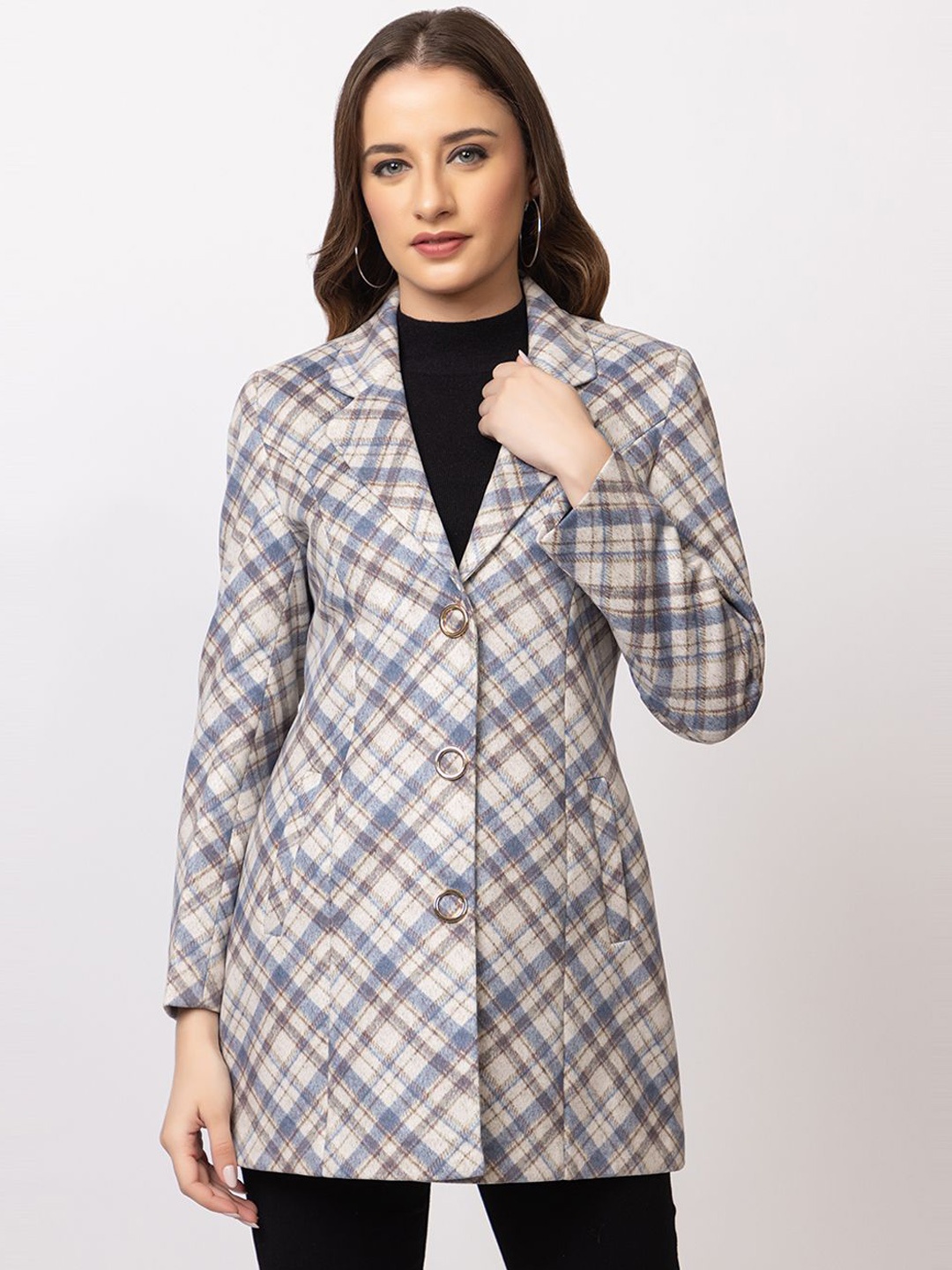 

TWENTY ME Checked Acrylic Single-Breasted Acrylic Cardigan Overcoat, Camel brown