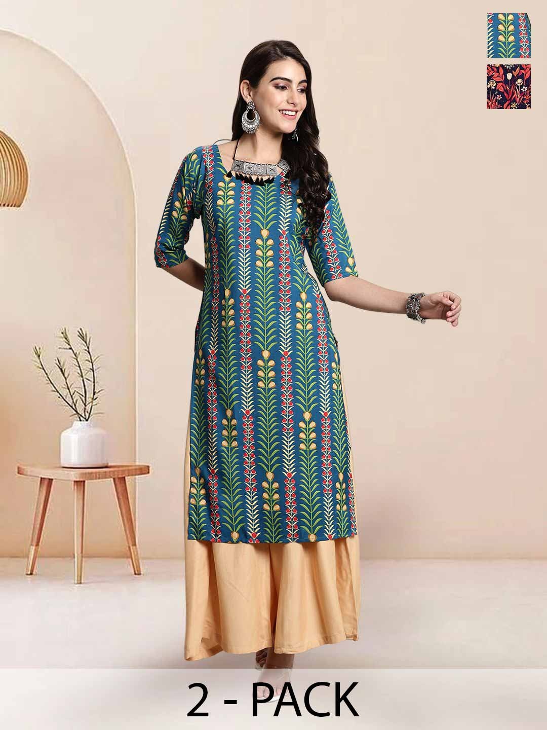 

7Threads Selection Of 2 Floral Printed Round Neck Straight Kurtas, Navy blue