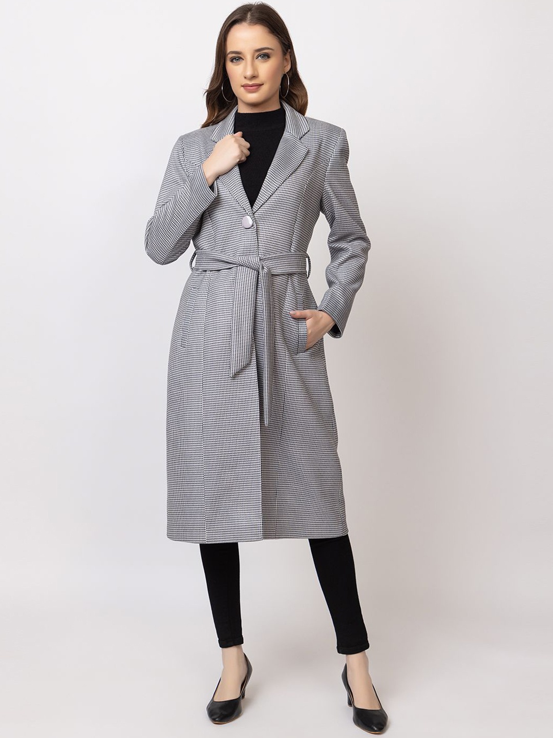 

TWENTY ME Checked Notched Lapel Longline Acrylic Single-Breasted Overcoat, Grey