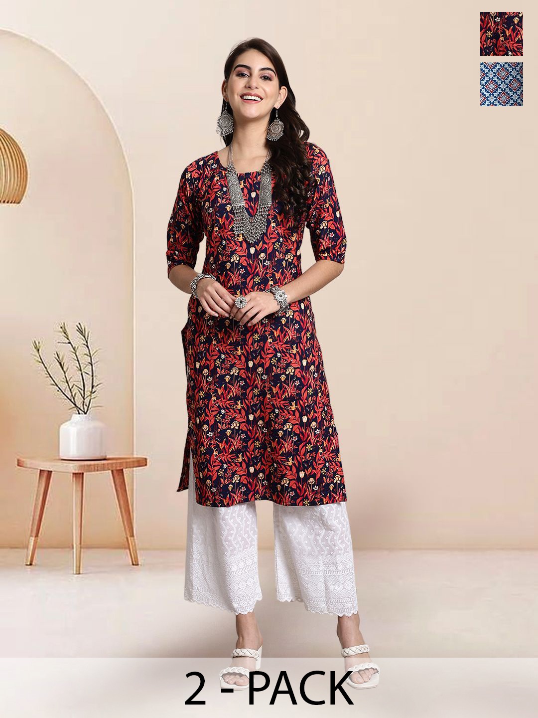 

7Threads Selection of 2 Floral Printed Round Neck Straight Kurtas, Black