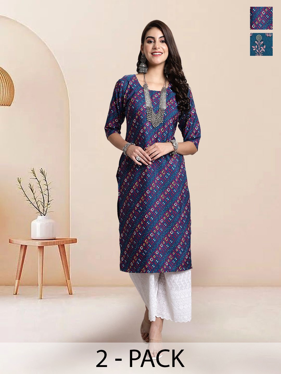 

7Threads Selection Of 2 Geometric Printed Round Neck Straight Kurtas, Blue