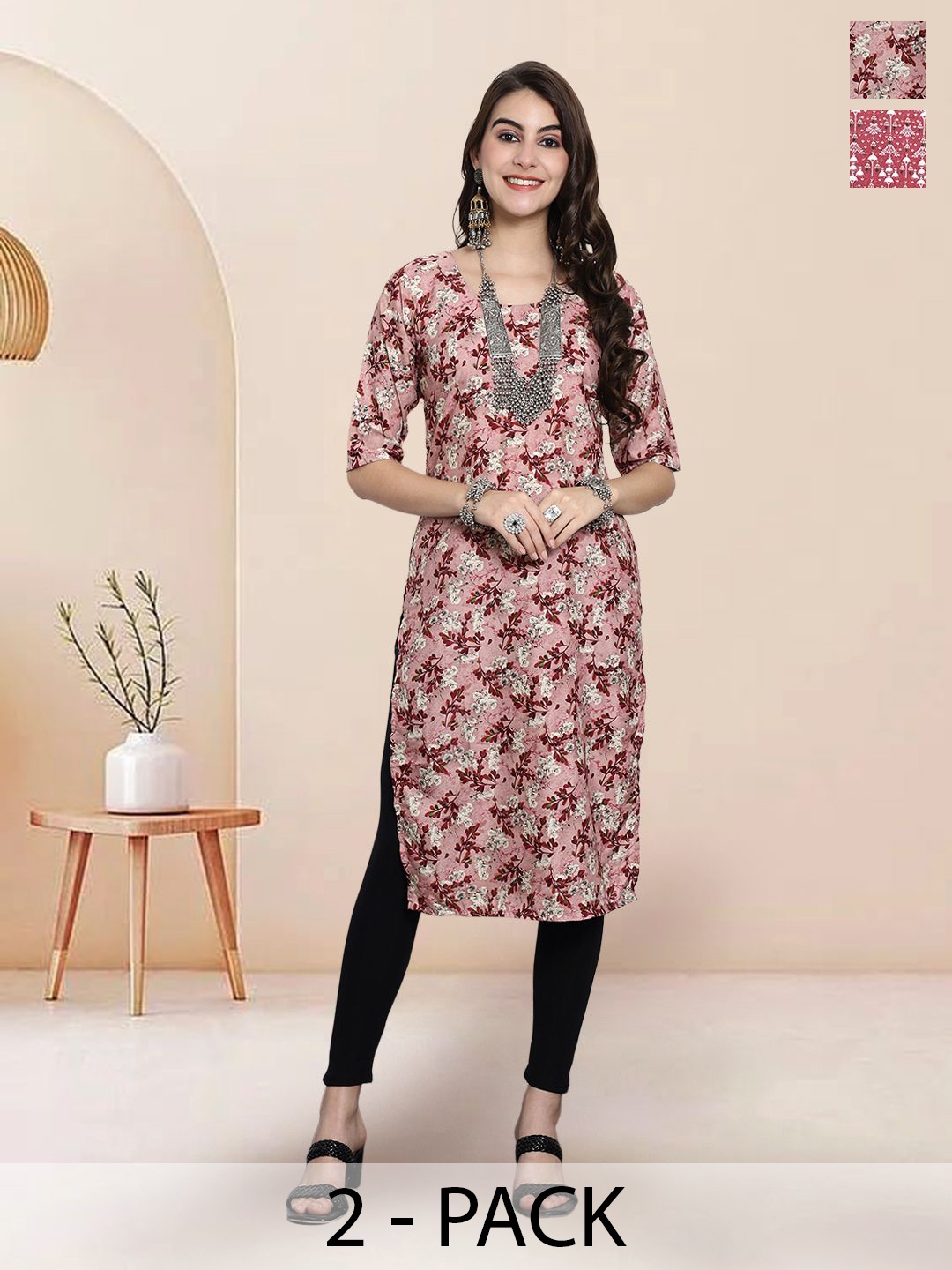 

7Threads Selection Of 2 Floral Printed Round Neck Straight Kurtas, Pink