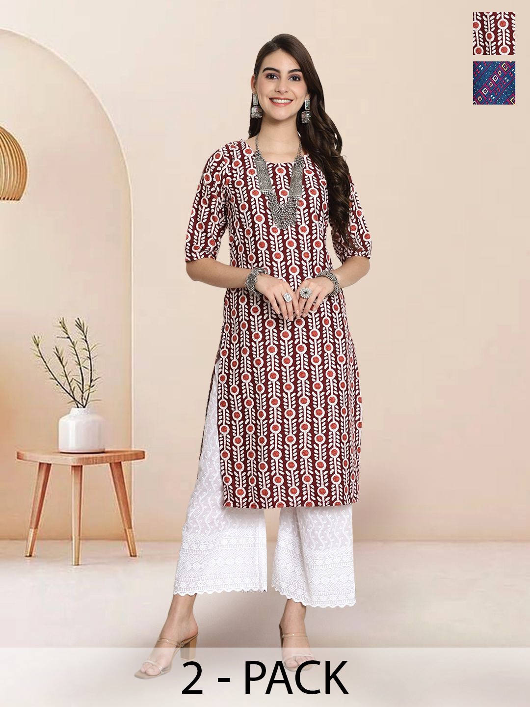 

7Threads Selection Of 2 Ethnic Motifs Printed Round Neck Kurtas, Brown